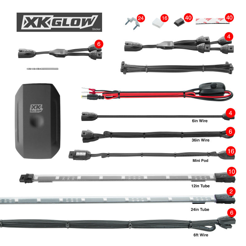 XKGLOW XK Glow Million Color XKCHROME App Controlled Offroad UTV Kit 2x24In Tube + 10x12In Tube + 16xPods