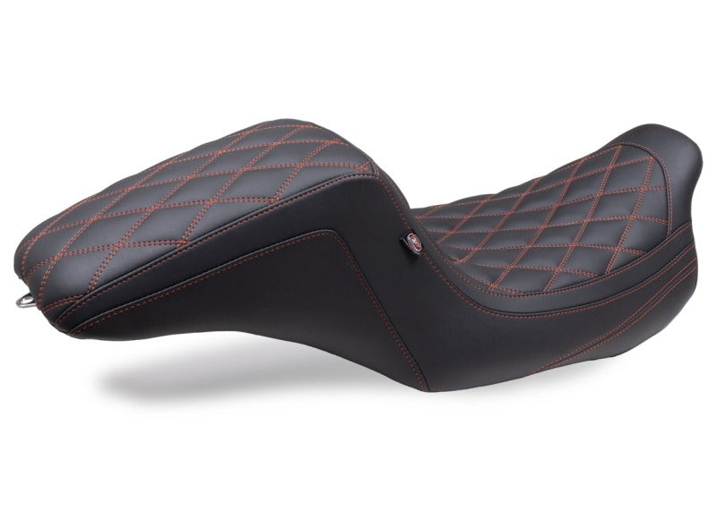 Mustang Motorcycle Mustang 08-24 HD FL Touring Double Diamond Squareback 1PC Seat - Black w/ Red Stitching