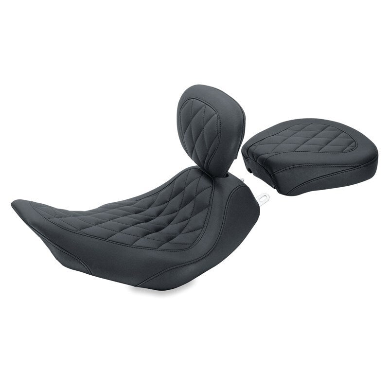 Mustang Motorcycle Mustang 06-17 Harley Dyna Wide Tripper Solo Seat w/Driver Backrest Diamond Stitch - Black