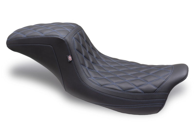 Mustang Motorcycle Mustang 08-24 HD FL Touring Double Diamond Squareback 1PC Seat - Black w/ Blue Stitching