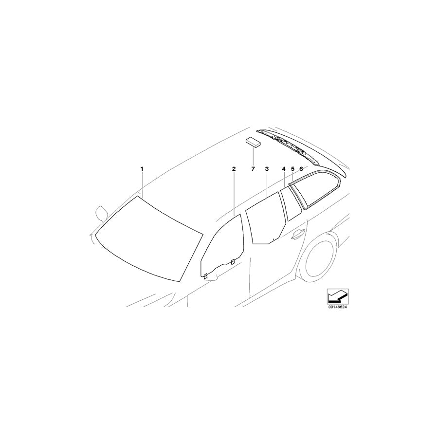 Genuine BMW 51357067097 E61 Side Window,Green Fixed,Left Rear Door IR (Inc. 523i, 525xi & 535xi) | ML Performance US Car Parts