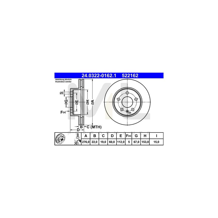 ATE PowerDisc 24.0322-0162.1 Brake Disc Vented, Coated, Alloyed / High-carbon, with bolts/screws - 1 piece