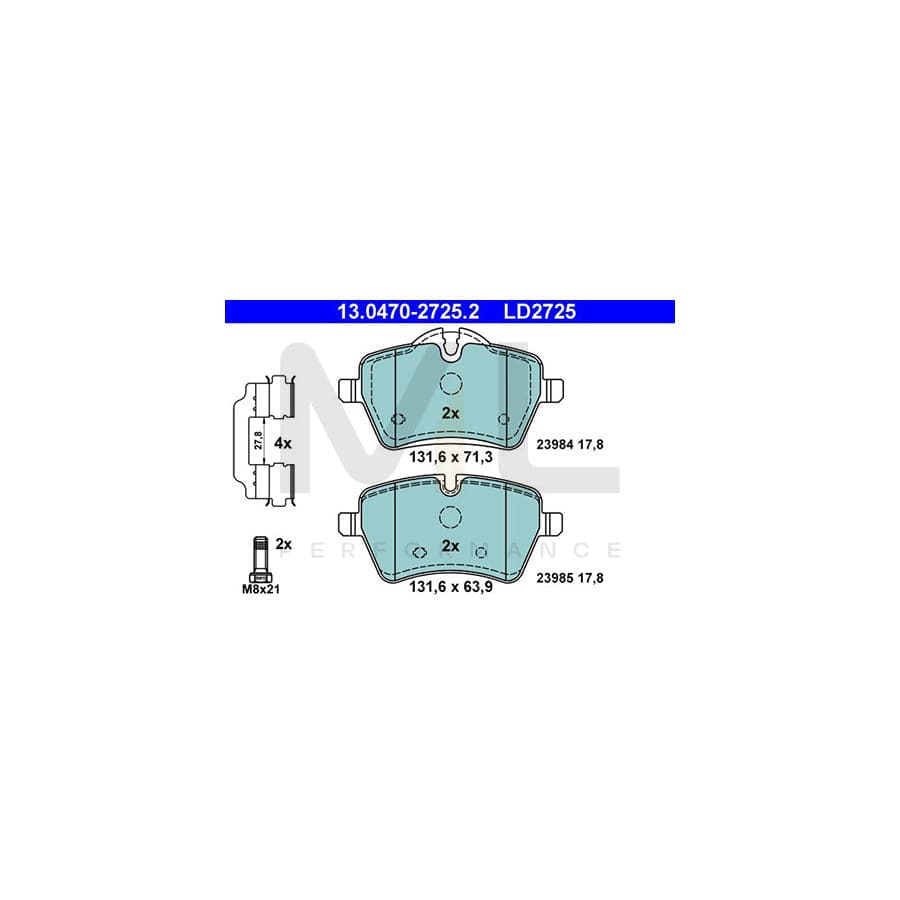 ATE Ceramic 13.0470-2725.2 Brake pad set excl. wear warning contact, prepared for wear indicator, with brake caliper screws, with accessories