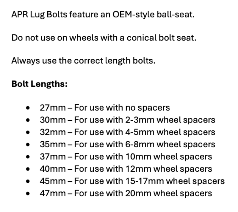 APR Lug Bolts - Use w/6-8mm Spacers - 35mm - Black (Set of 10)