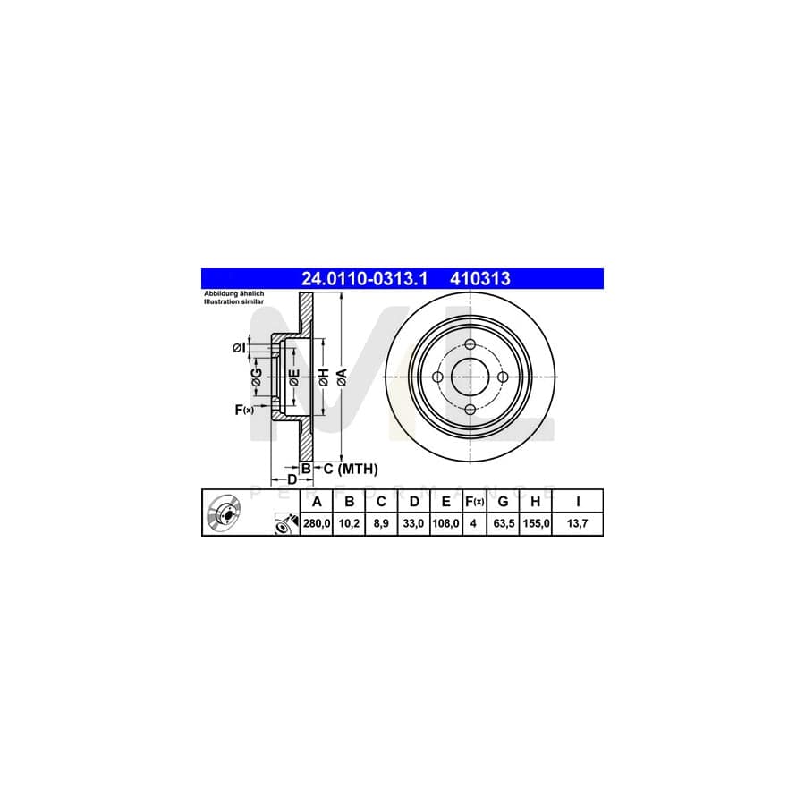 ATE 24.0110-0313.1 Brake Disc for FORD FOCUS Solid, Coated - 1 piece