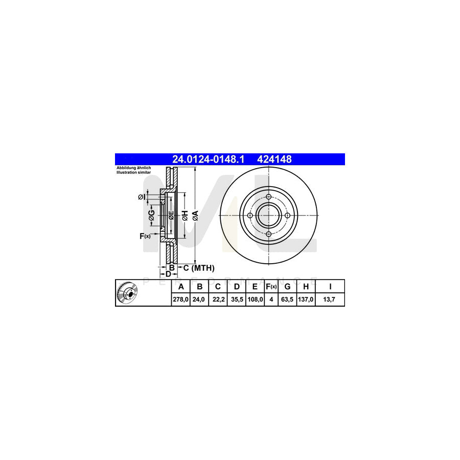 ATE 24.0124-0148.1 Brake Disc Vented - 1 piece