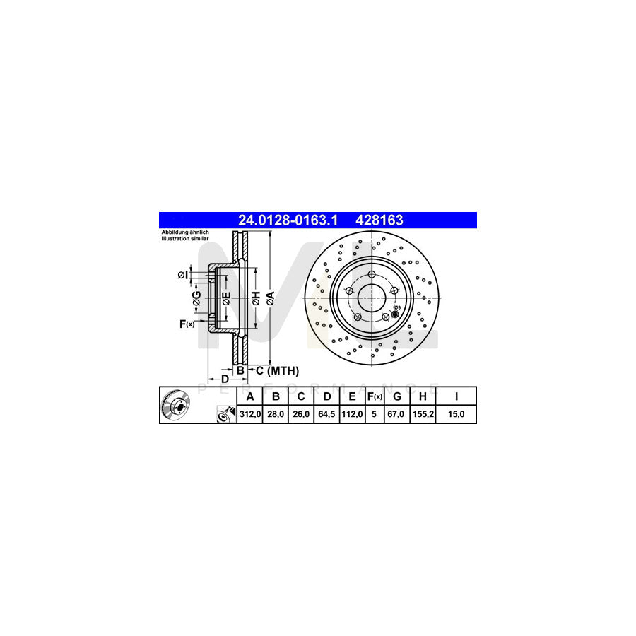 ATE 24.0128-0163.1 Brake Disc suitable for MERCEDES-BENZ SL Convertible (R230) Perforated / Vented, Coated, Alloyed / High-carbon - 1 piece