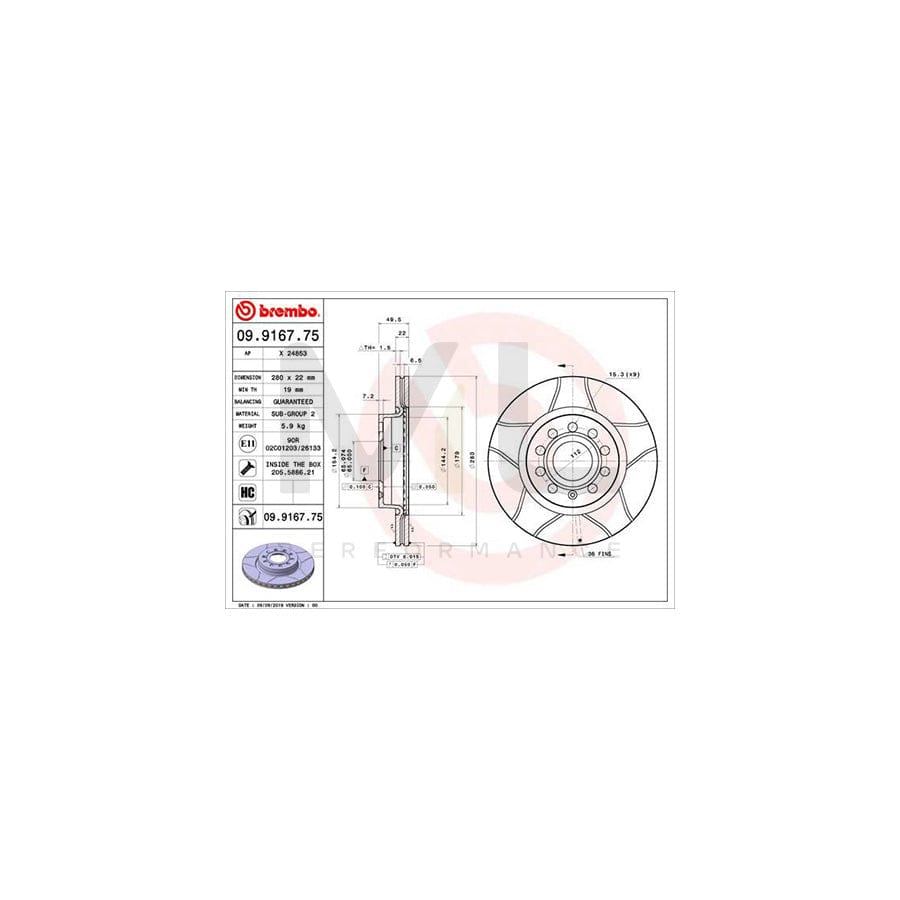 BREMBO MAX LINE 09.9167.75 Brake Disc Internally Vented, Slotted, Coated, High-carbon, with bolts/screws | ML Performance Car Parts