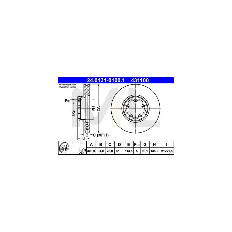 ATE 24.0131-0100.1 Brake Disc for FORD TRANSIT Vented, Coated - 1 piece