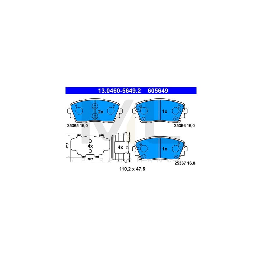 ATE 13.0460-5649.2 Brake pad set for KIA Picanto II (TA) with acoustic wear warning, with anti-squeak plate, with accessories