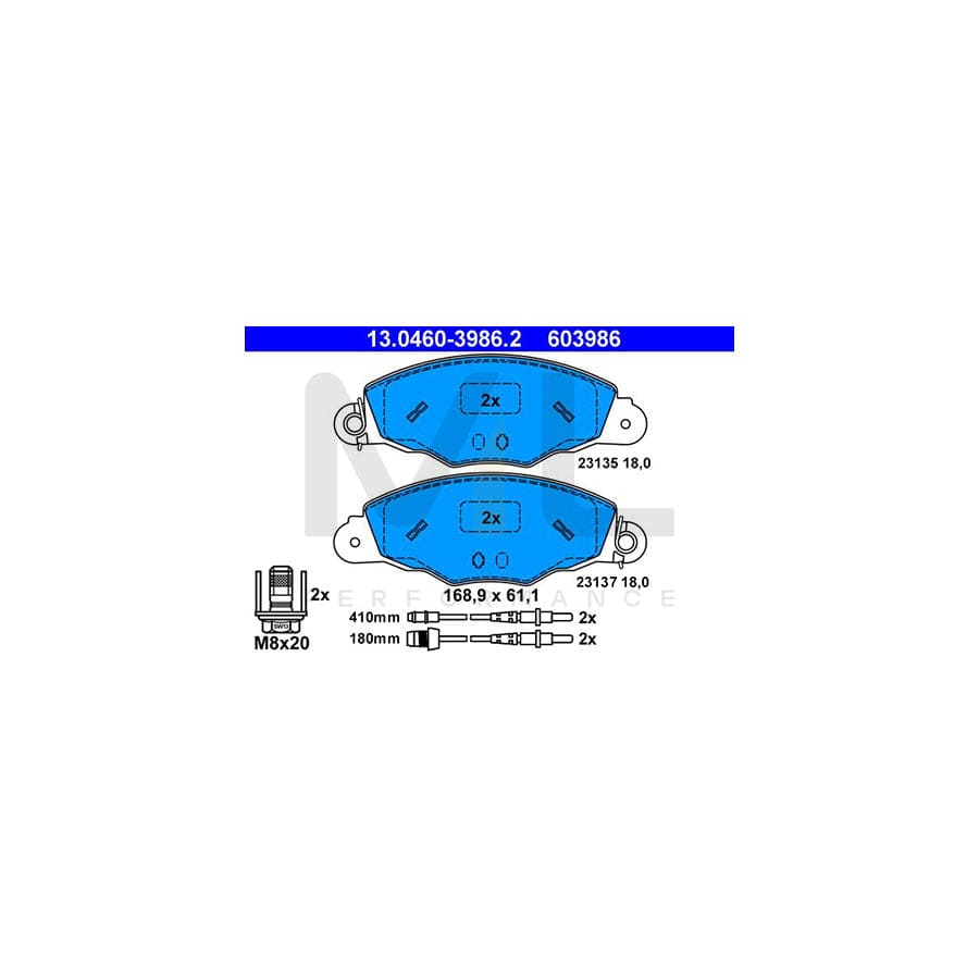 ATE 13.0460-3986.2 Brake pad set incl. wear warning contact, with brake caliper screws