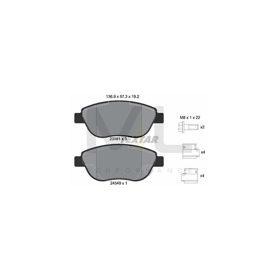 TEXTAR 2398101 Brake pad set with acoustic wear warning, with brake caliper screws, with accessories | ML Performance Car Parts