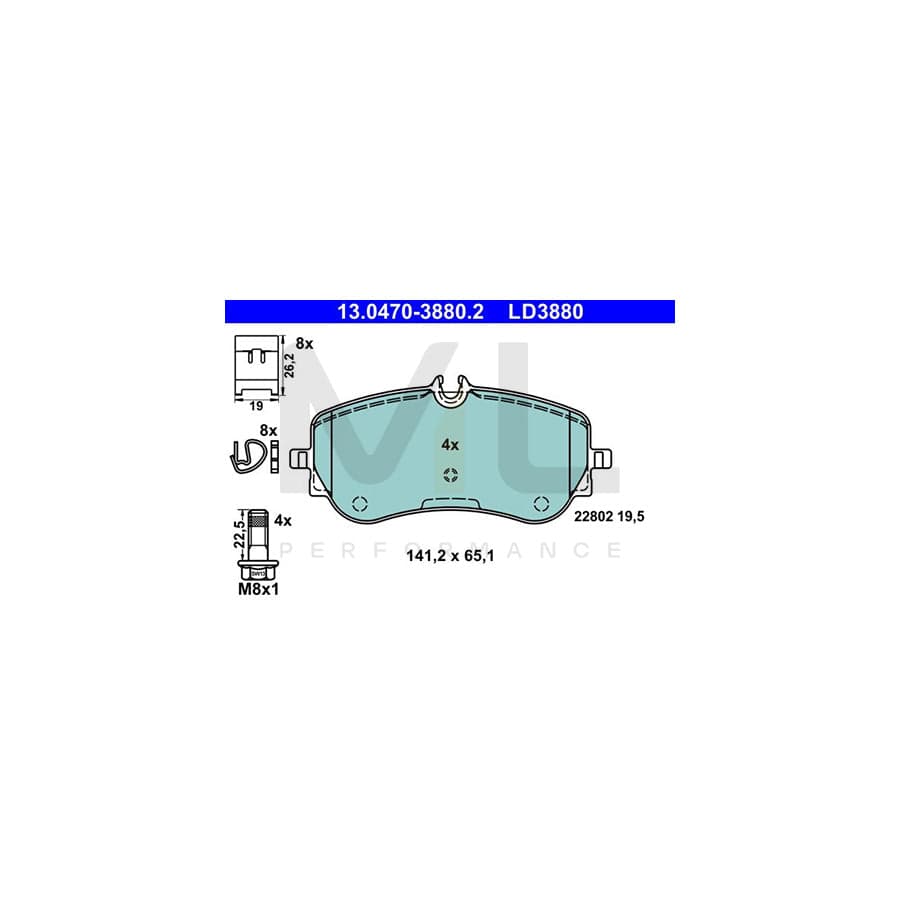 ATE 13.0470-3880.2 Brake pad set excl. wear warning contact, prepared for wear indicator, with brake caliper screws, with accessories
