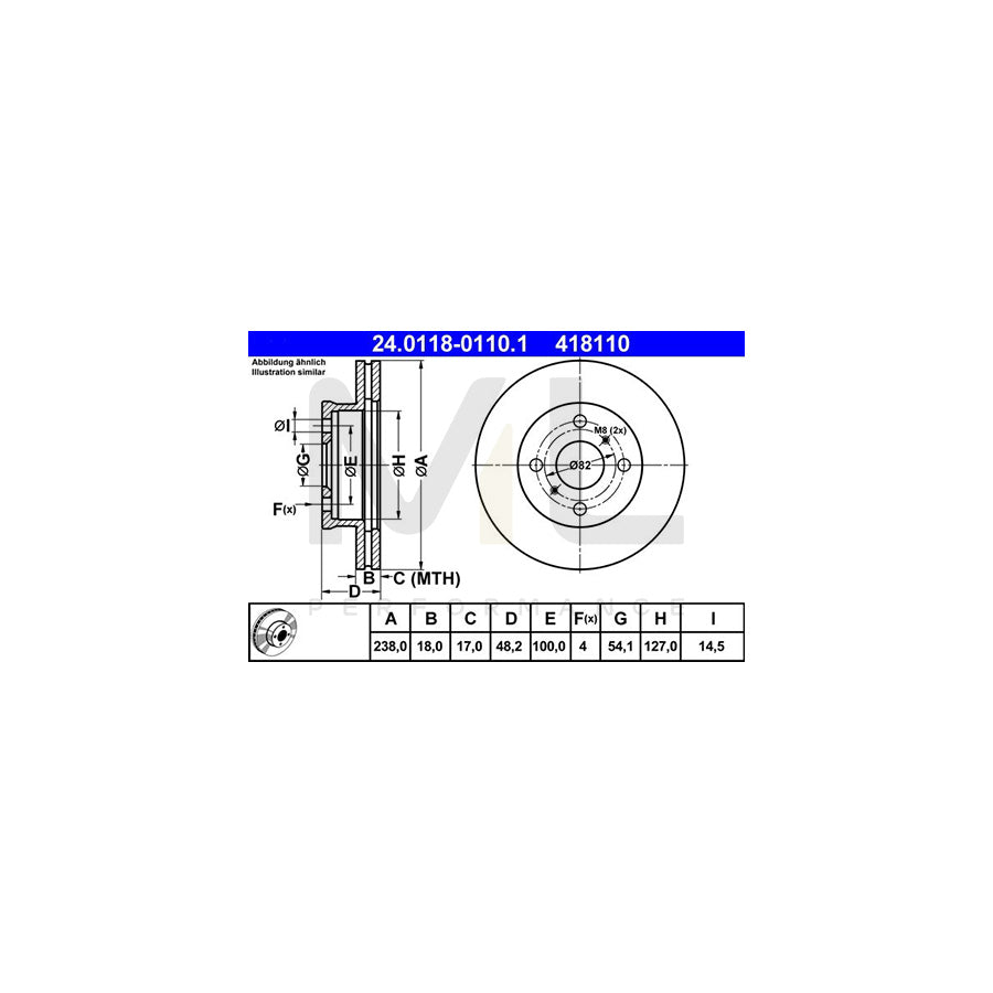 ATE 24.0118-0110.1 Brake Disc for TOYOTA COROLLA Vented - 1 piece