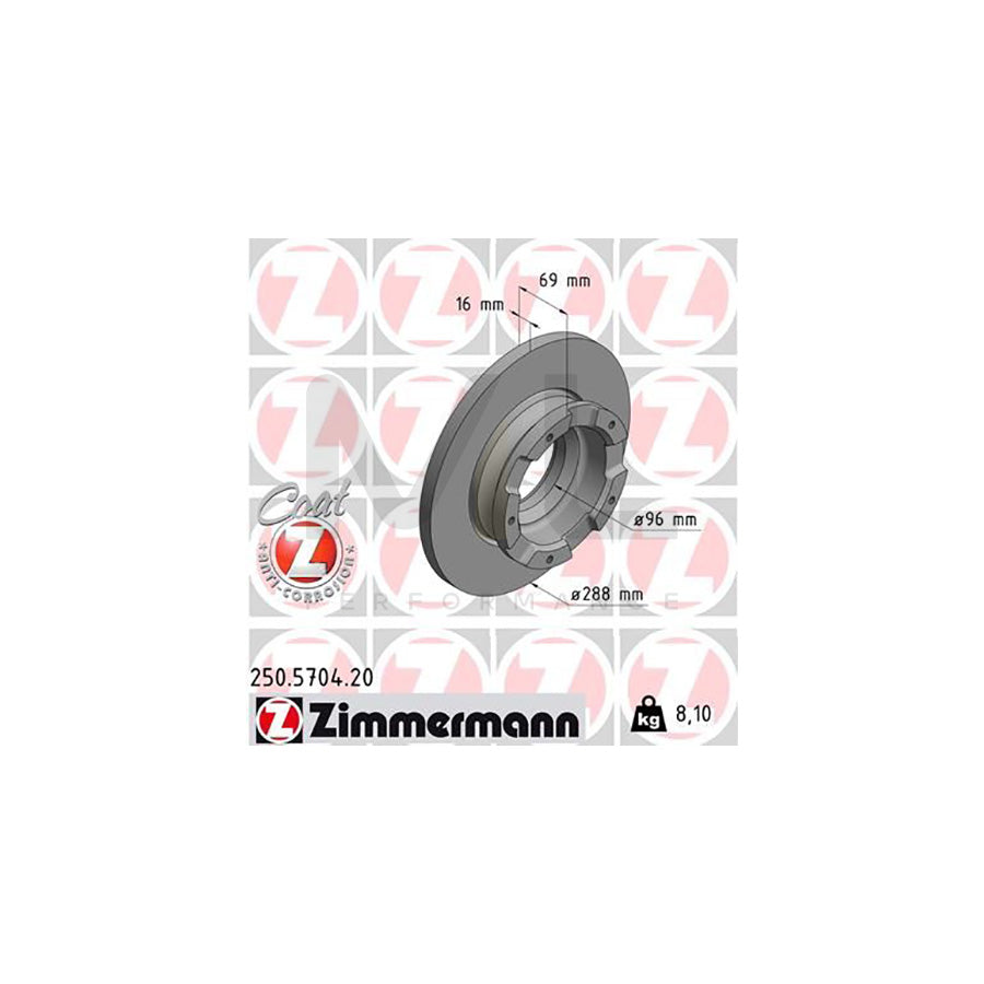 ZIMMERMANN 250.5704.20 Brake Disc for FORD TRANSIT Solid, Coated, with ABS sensor ring, without wheel hub, without wheel studs - 1 piece