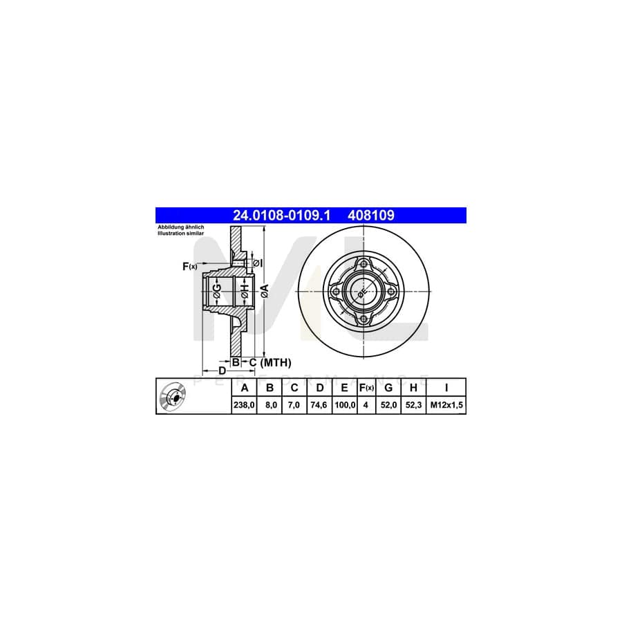 ATE 24.0108-0109.1 Brake Disc for RENAULT CLIO Solid - 1 piece