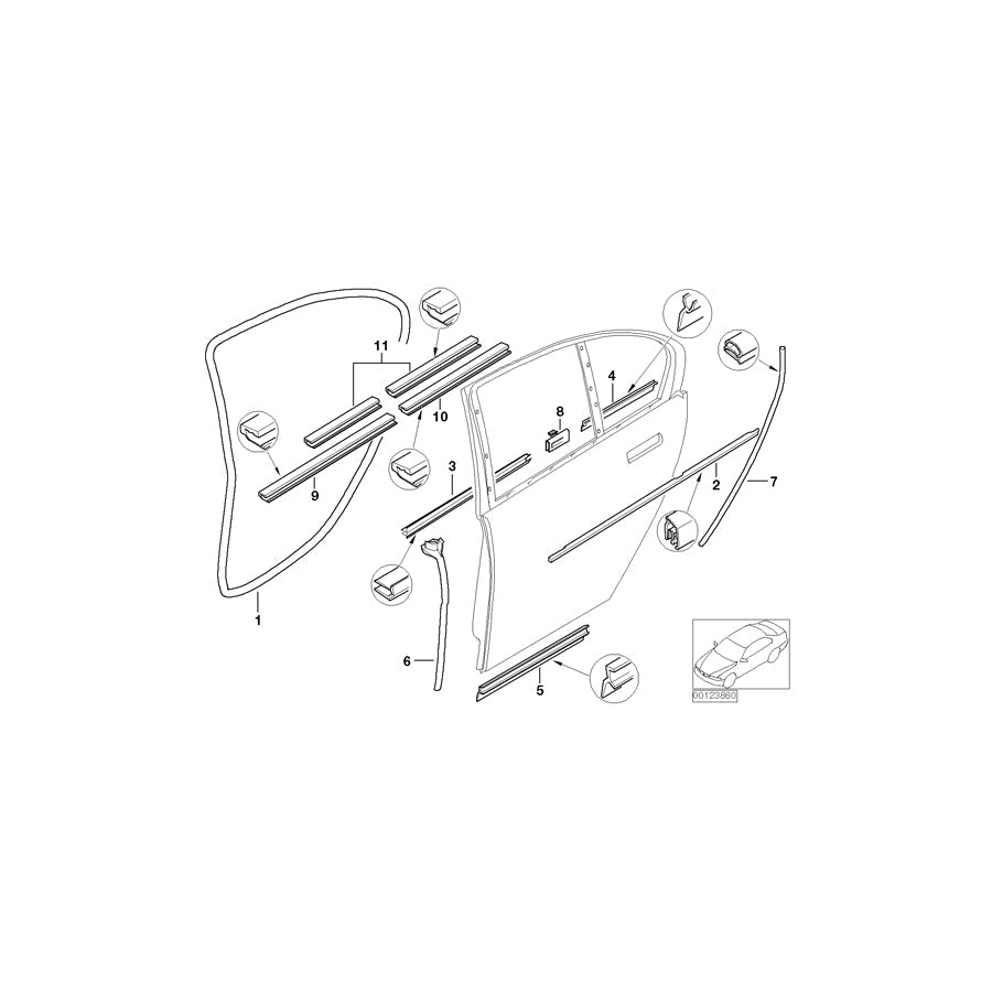 Genuine BMW 51427023808 E66 Waist Rail Trim Strip, Int. Right Rear (Inc. 730Ld, 745Li & 750Li) | ML Performance US Car Parts