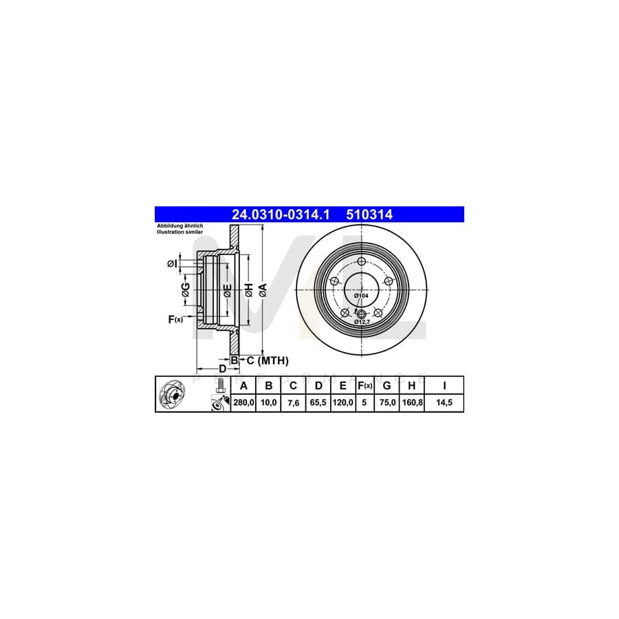 ATE PowerDisc 24.0310-0314.1 Brake Disc for BMW 1 Series Solid, Coated, High-carbon, with bolts/screws - 1 piece