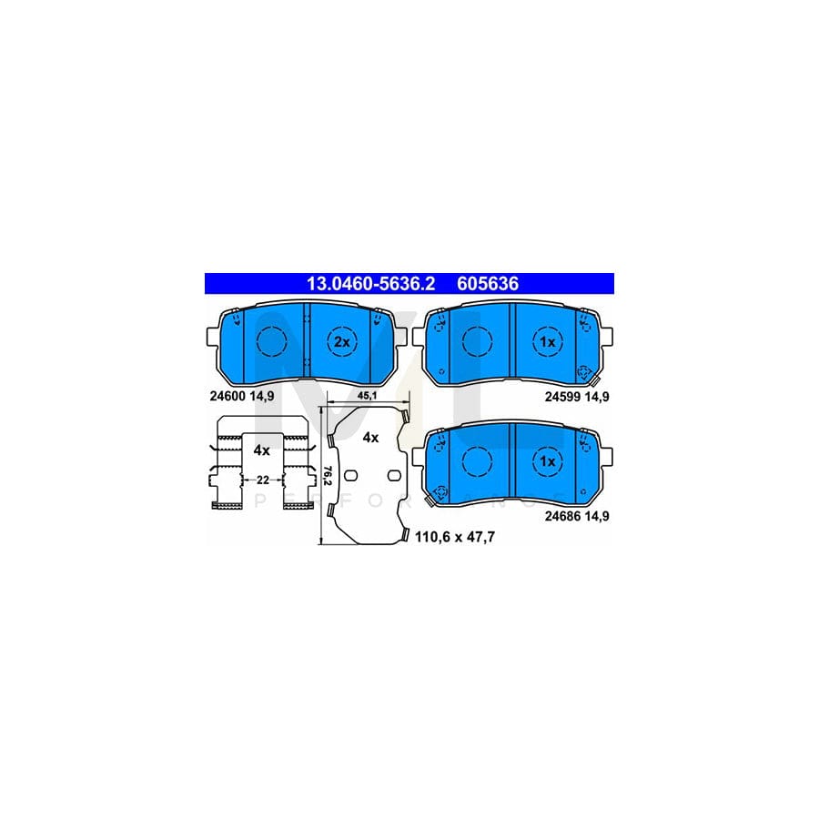 ATE 13.0460-5636.2 Brake pad set with acoustic wear warning, with anti-squeak plate, with accessories