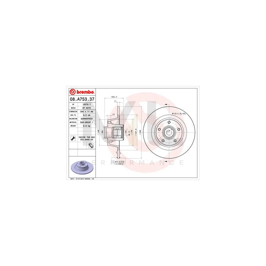 BREMBO BEARING DISC LINE 08.A753.37 Brake Disc for RENAULT Megane III Coupe (DZ) Solid, with ABS sensor ring, with wheel bearing set | ML Performance Car Parts