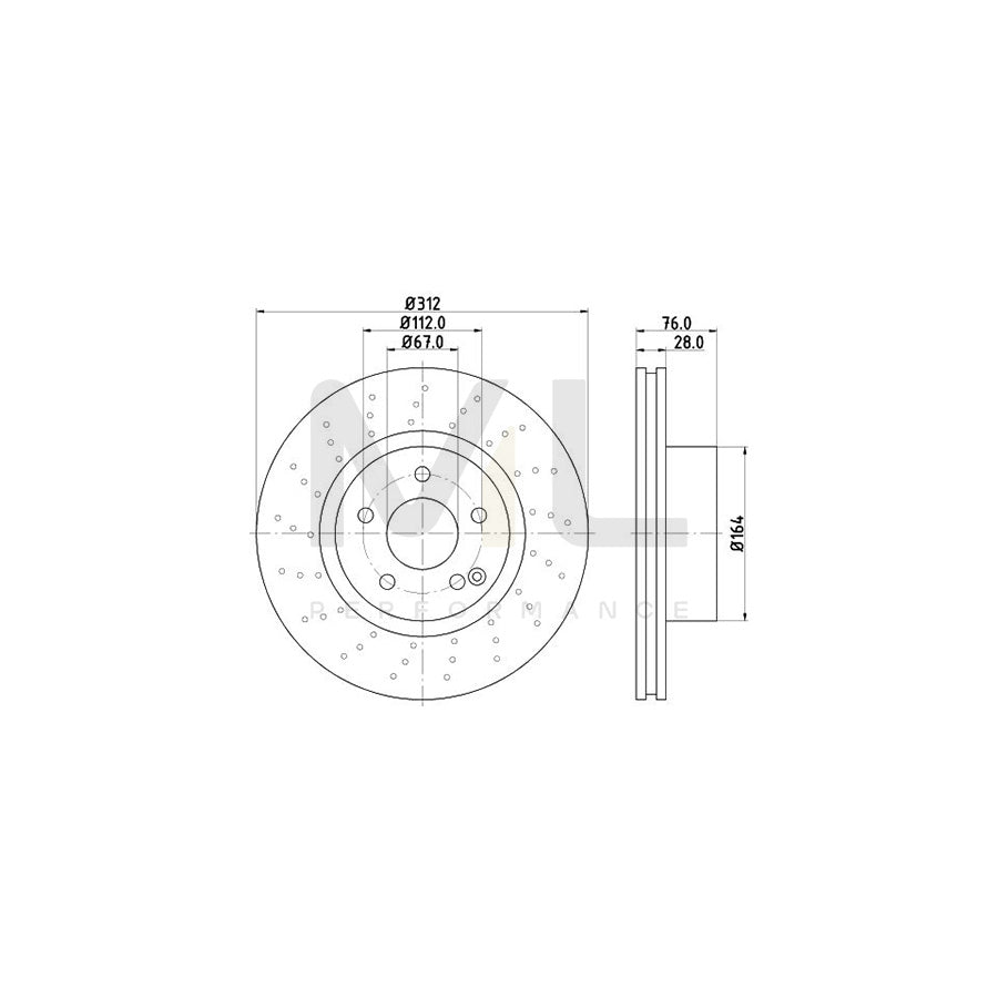 HELLA PRO High Carbon 8DD 355 127-471 Brake Disc suitable for MERCEDES-BENZ S-Class Internally Vented, Perforated, Coated, High-carbon, without wheel hub, without wheel studs