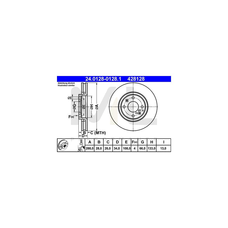 ATE 24.0128-0128.1 Brake Disc Vented, Coated, with bolts/screws - 1 piece