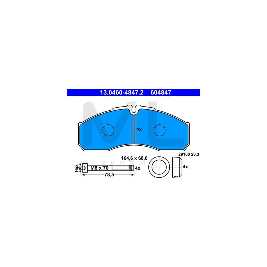 ATE 13.0460-4847.2 Brake pad set excl. wear warning contact, prepared for wear indicator, with brake caliper screws, with accessories