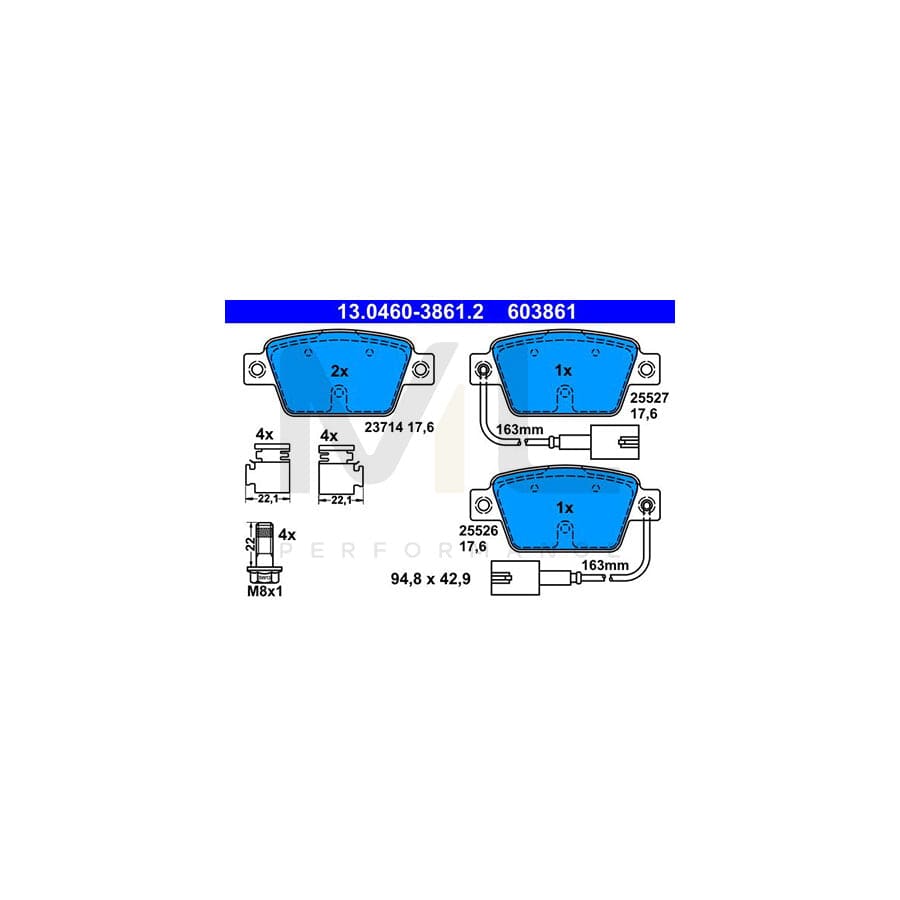 ATE 13.0460-3861.2 Brake pad set incl. wear warning contact, with brake caliper screws, with accessories