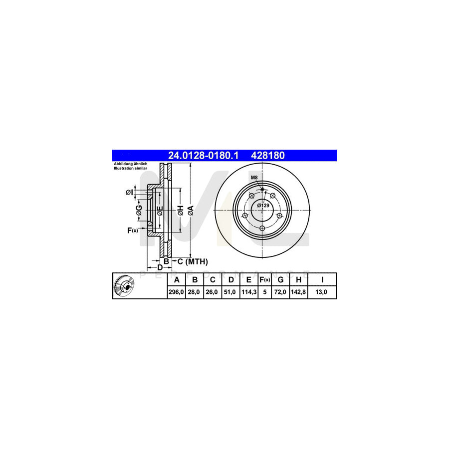 ATE 24.0128-0180.1 Brake Disc for MAZDA MPV II (LW) Vented - 1 piece
