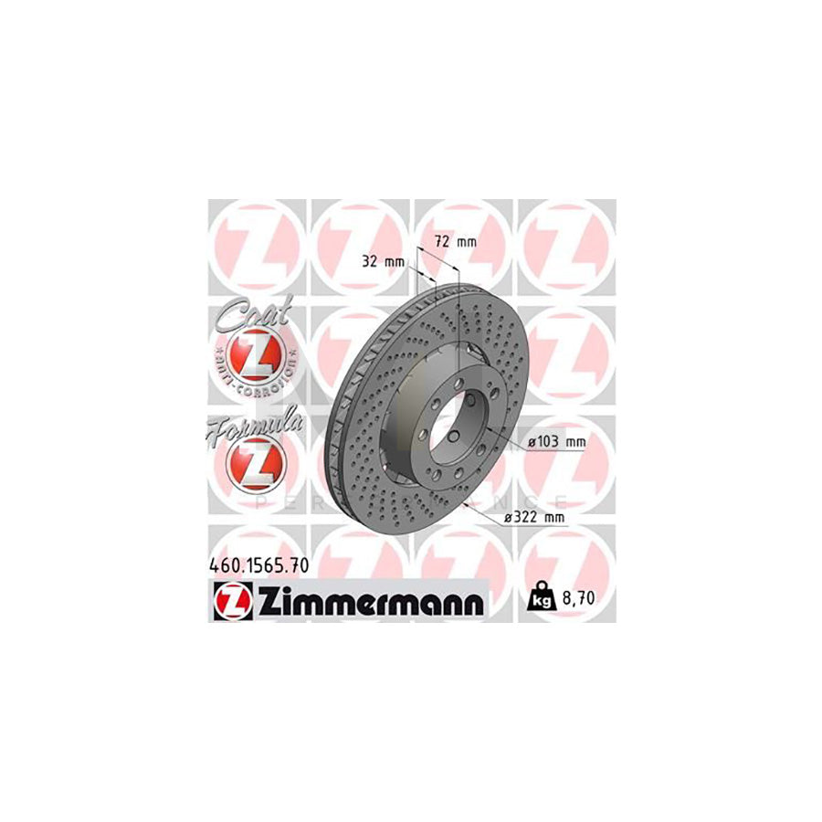 ZIMMERMANN FORMULA Z COAT Z 460.1565.70 Brake Disc for PORSCHE 911 Coupe (993) Perforated, Two-piece brake disc, Vented, Coated, Alloyed / High-carbon