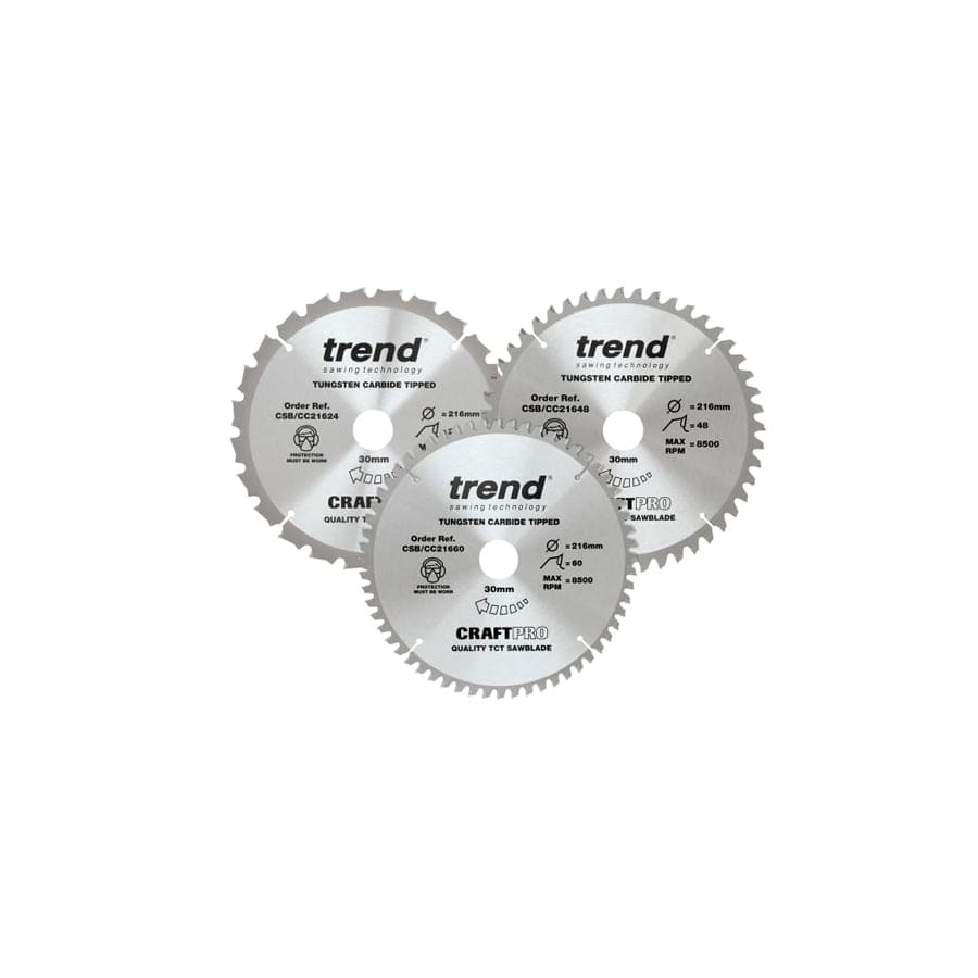 Trend TRECSB216P3 CraftPro Mitre Saw Blade 216 x 30mm x 24T/48T/60T (Pack 3)