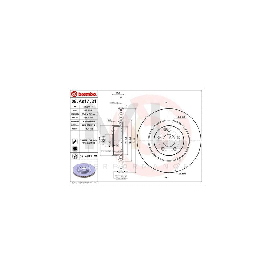 BREMBO COATED DISC LINE 09.A817.21 Brake Disc Internally Vented, Coated, High-carbon, with bolts/screws | ML Performance Car Parts