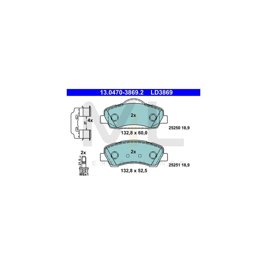 ATE Ceramic 13.0470-3869.2 Brake pad set for PEUGEOT 308 excl. wear warning contact, not prepared for wear indicator, with brake caliper screws, with accessories