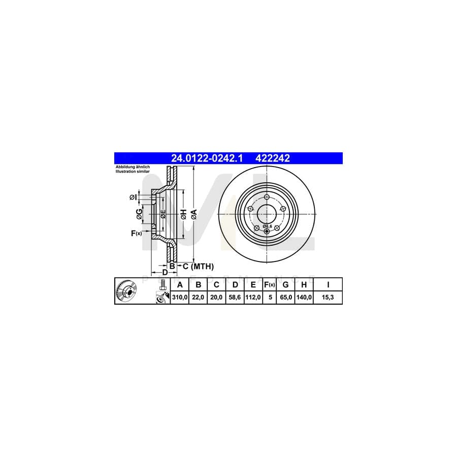 ATE 24.0122-0242.1 Brake Disc for AUDI TT Vented, Coated, High-carbon, with bolts/screws - 1 piece