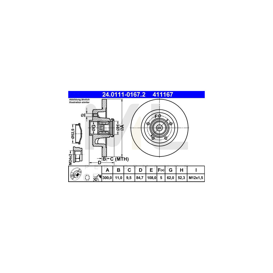 ATE 24.0111-0167.2 Brake Disc for RENAULT Vel Satis Solid, Coated, with ABS sensor ring, with wheel bearing - 1 piece