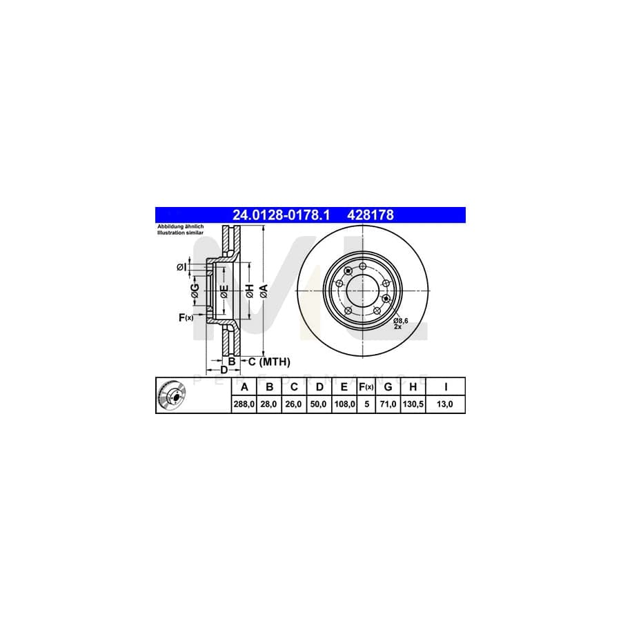 ATE 24.0128-0178.1 Brake Disc for CITROEN XM Vented - 1 piece