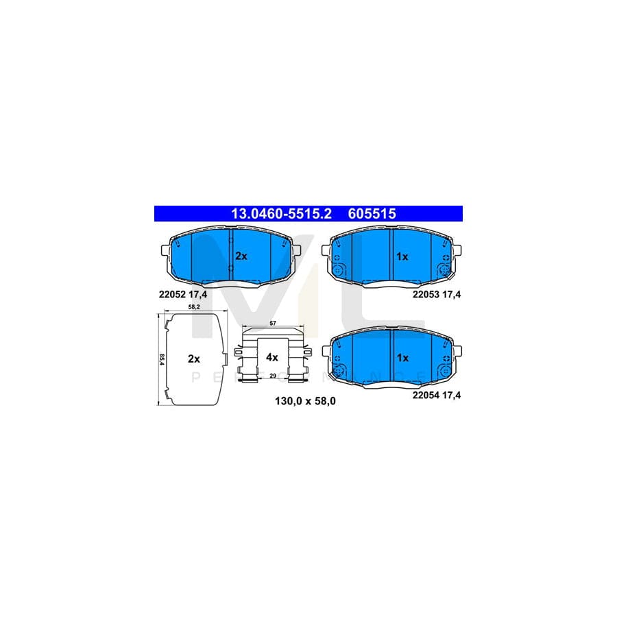 ATE 13.0460-5515.2 Brake pad set for HYUNDAI KONA with acoustic wear warning, with anti-squeak plate, with accessories