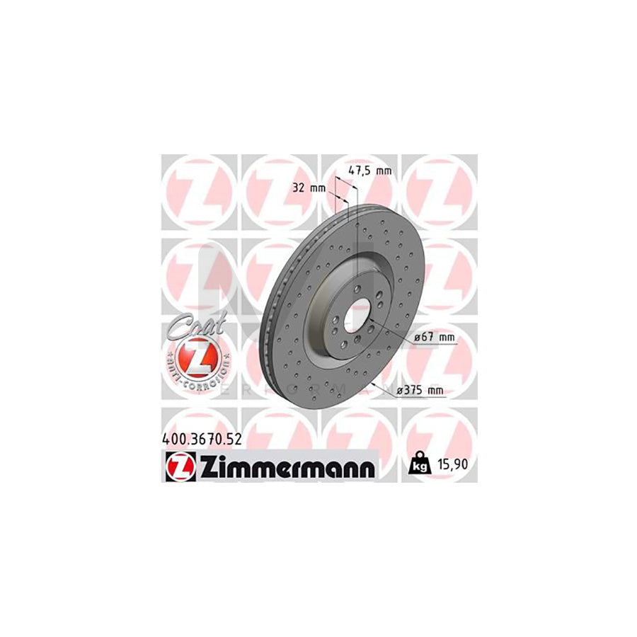 ZIMMERMANN SPORT COAT Z 400.3670.52 Brake Disc Internally Vented, Perforated, Coated, High-carbon - 1 piece