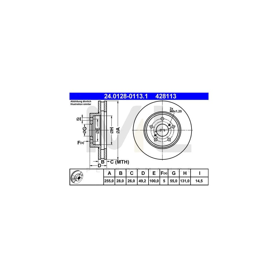 ATE 24.0128-0113.1 Brake Disc for TOYOTA CARINA Vented - 1 piece