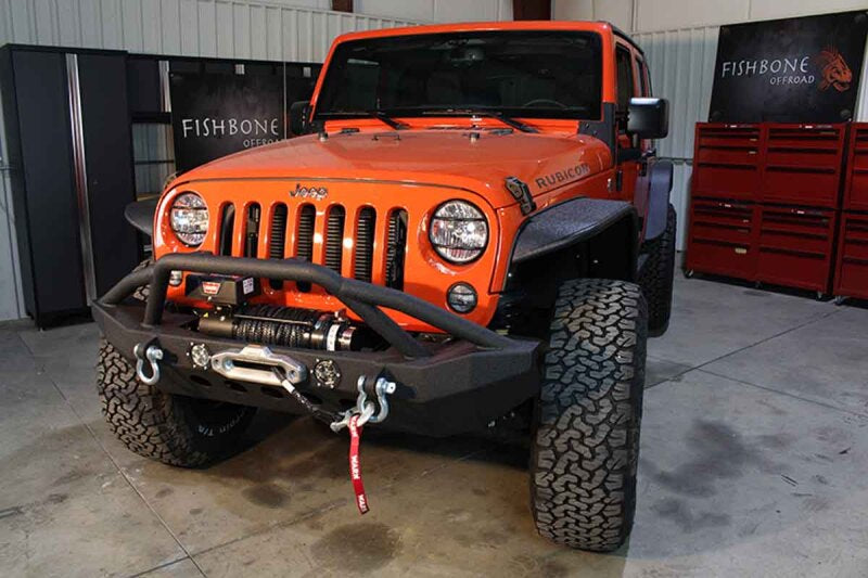 Fishbone Offroad 07-18 Jeep Wrangler Front Winch Bumper W/LEDs Full Width - Blk Textured Powdercoat