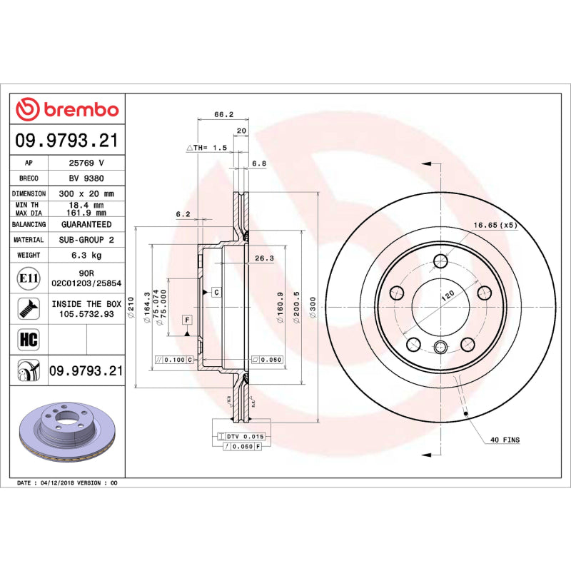 Brembo OE Brembo 12-16 Town & Country/12-20 Dodge Grand Caravan/12-14 Volkswagen Routan Rear UV Coated Rotor