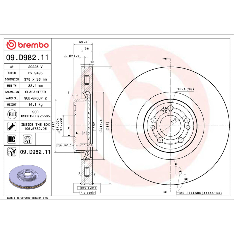 Brembo OE 20-23 Mercedes-Benz GLE450/GLE580/GLS450/2020 GLS580 UV Coated Brake Disc - Front Left