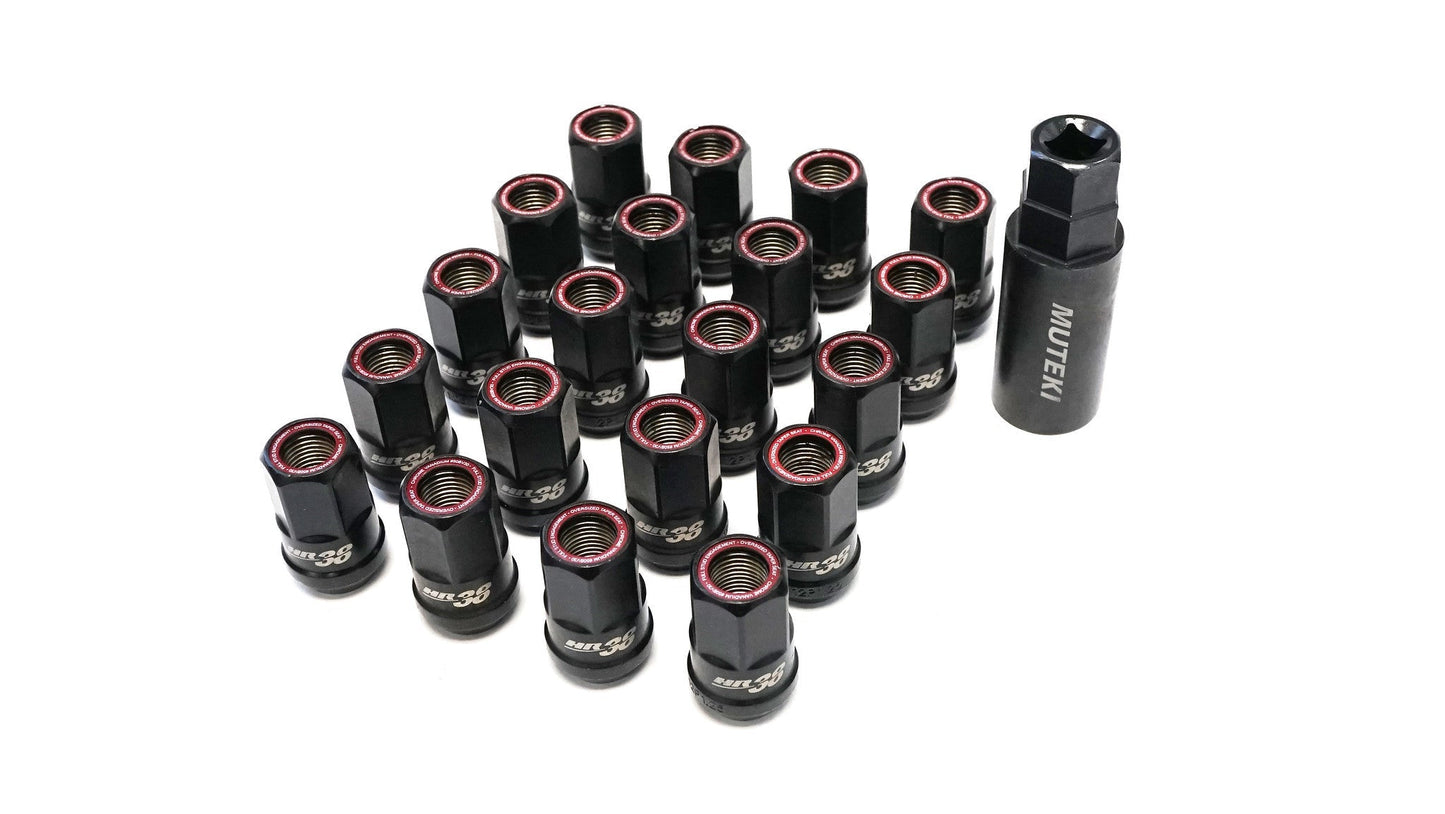 MUTEKI HR3806BR LUG NUTS KIT HR38 12X1.50 38MM BLACK CHROME/RED RING (OPEN END)