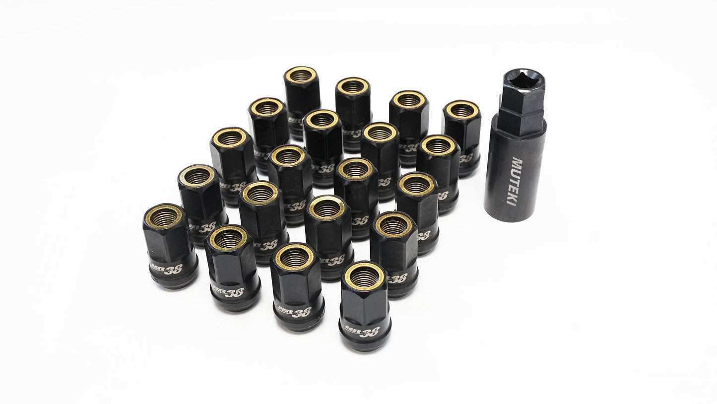 MUTEKI HR3806BY LUG NUTS KIT HR38 12X1.50 38MM BLACK CHROME/YELLOW RING (OPEN END)