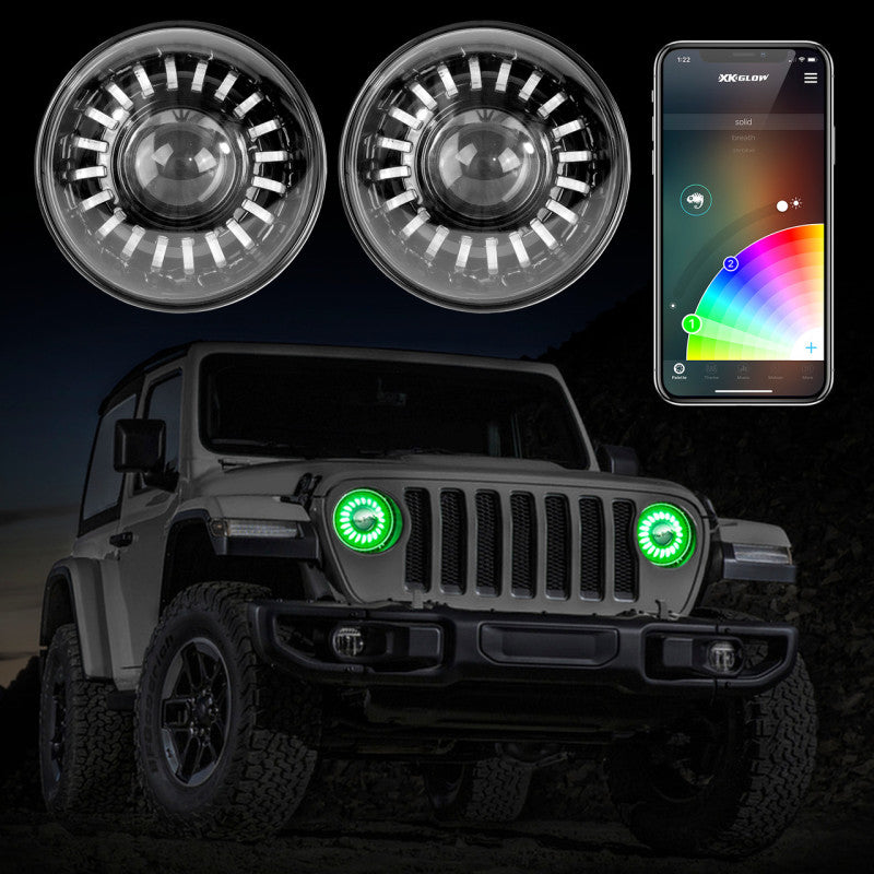 XKGLOW XK Glow 2pc 7in App Control RGB Wrangler JL Headlight Kit w/ Mounting Brackets