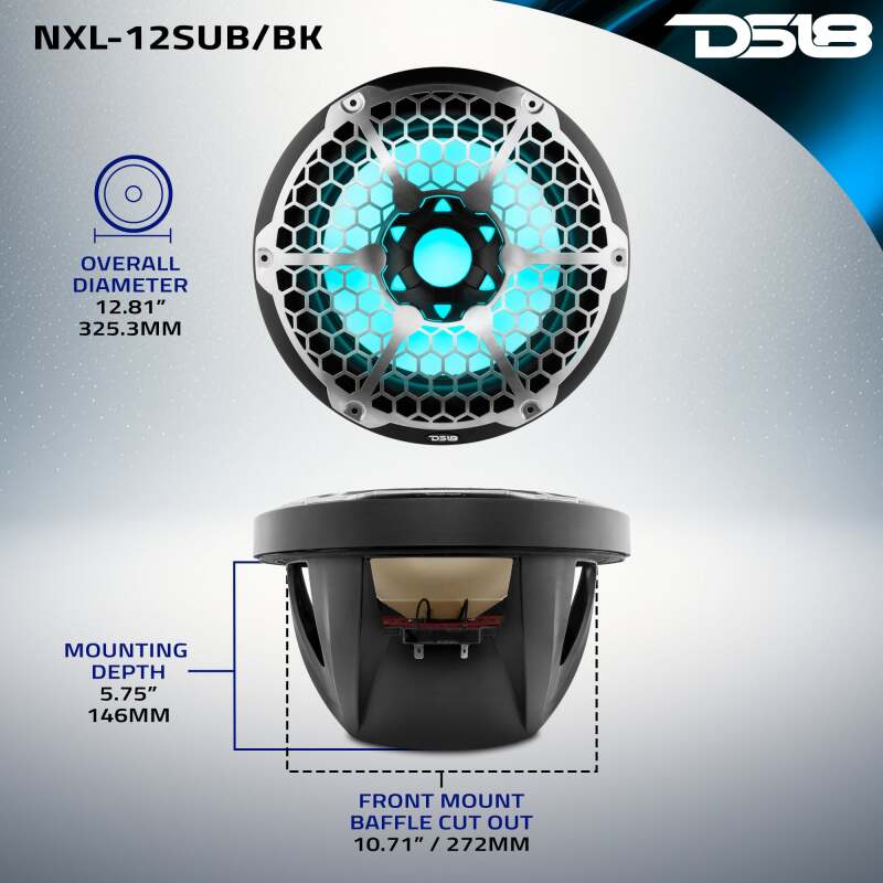DS18 Marine Subwoofer w/ RGB Lights 12in 350 Watts RMS 4 ohm SVC |Black