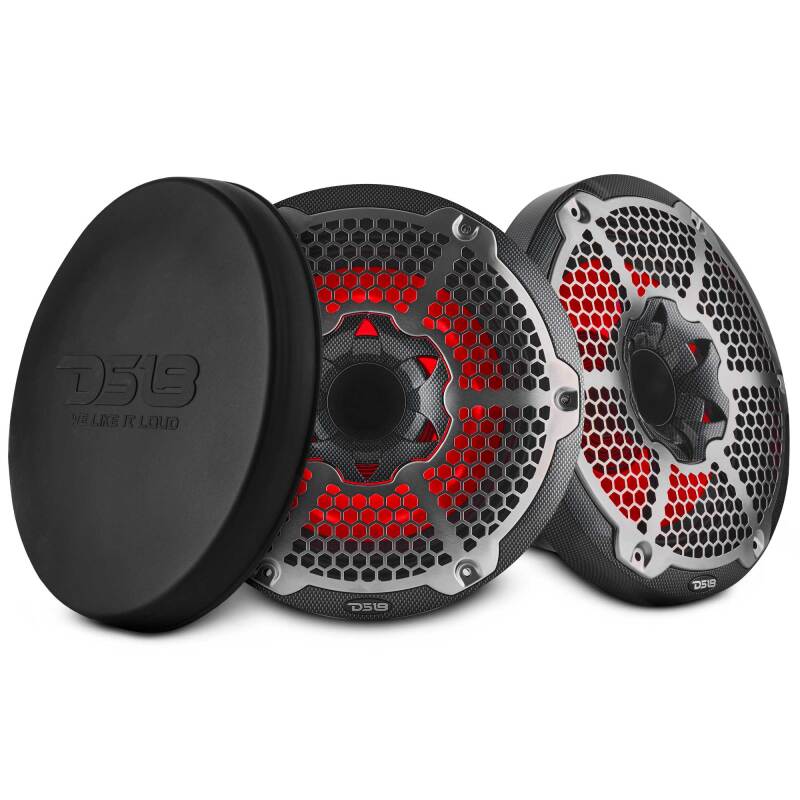 DS18 Hybrid Marine Speakers w/ Driver And RGB LED 10in 2-Way 450 Watts RMS 4 ohm Crbn Fiber w/ Cover