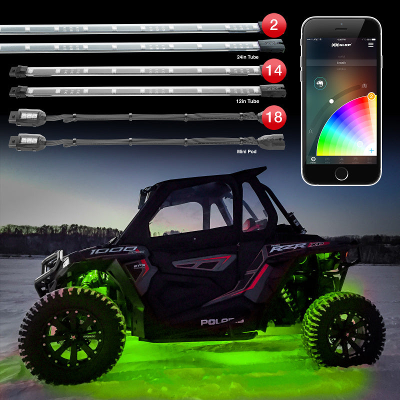 XKGLOW XK Glow Tube + 18xPods Million Color XKCHROME App Controlled Offroad UTV Kit 2x24In Tube + 14x12In