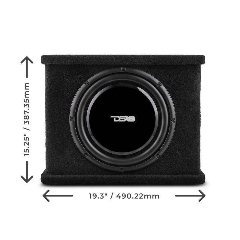 DS18 Single 12in Shallow Subwoofer and Enclosure 350 Watts RMS Sealed Black Carpet
