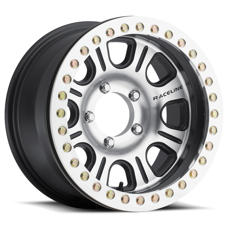 Raceline RT232 Monster 17x8.5in/5x139.7 BP/-25mm Offset/107.95mm Bore - Black & MACH. Beadlock Wheel